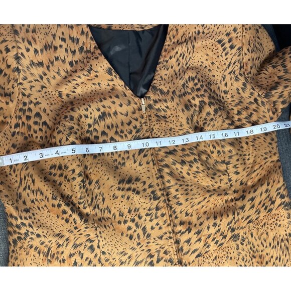 Brown Animal Print Long Sleeve Two Piece Skirt Top Set V Neck Front Zipper Sz M - Picture 6 of 13